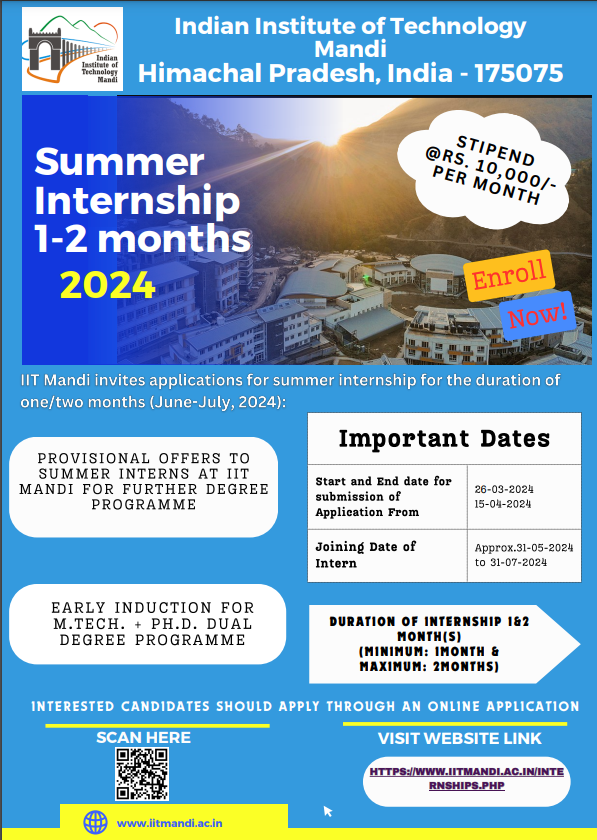 Summer Internship 2024 at IIT Mandi [Stipend Rs. 10k]