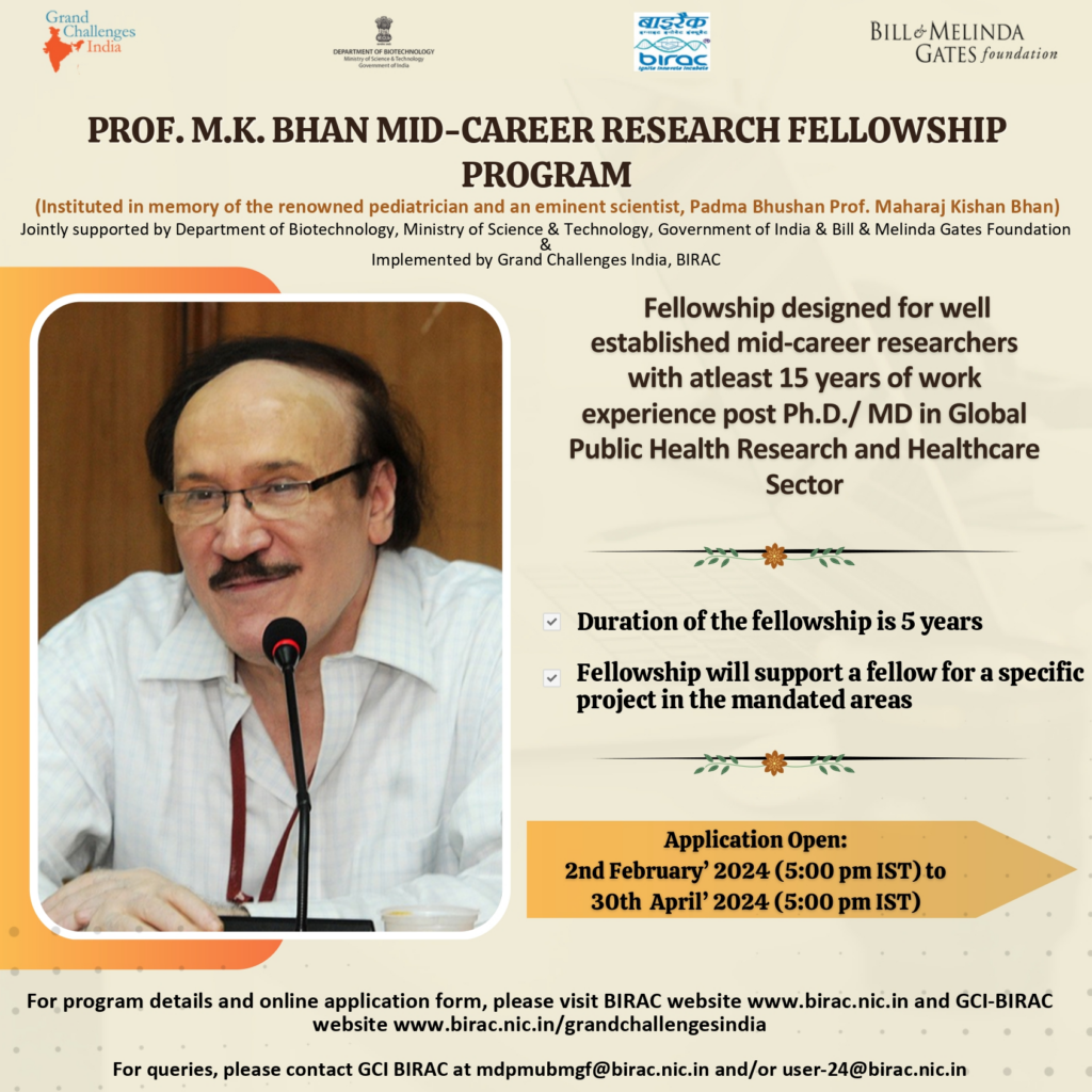 Prof. M K Bhan Mid-Career Fellowship Program 2024: Apply by April 30