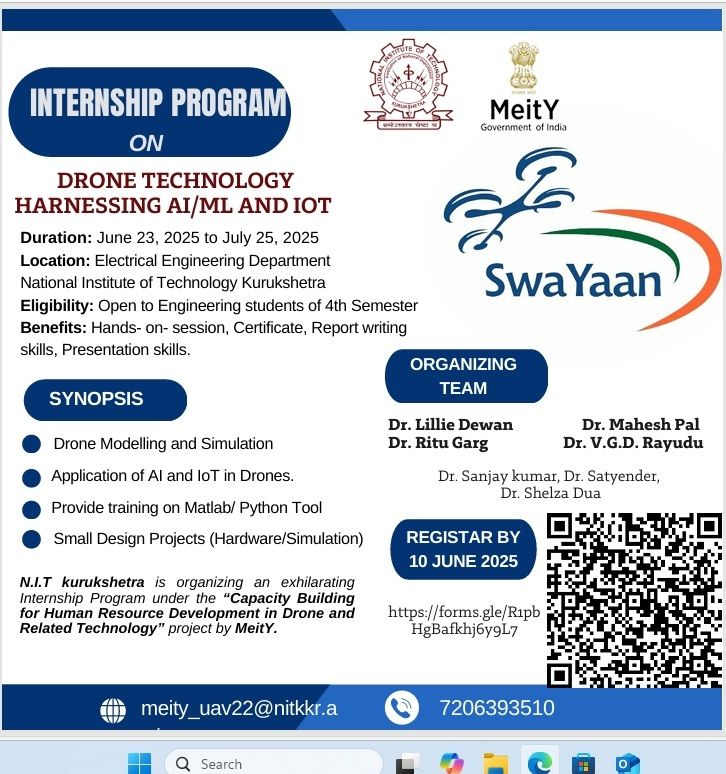 Internship at NIT Kurukshetra [4th Sem; MeitY Govt of India; Drone Tech]